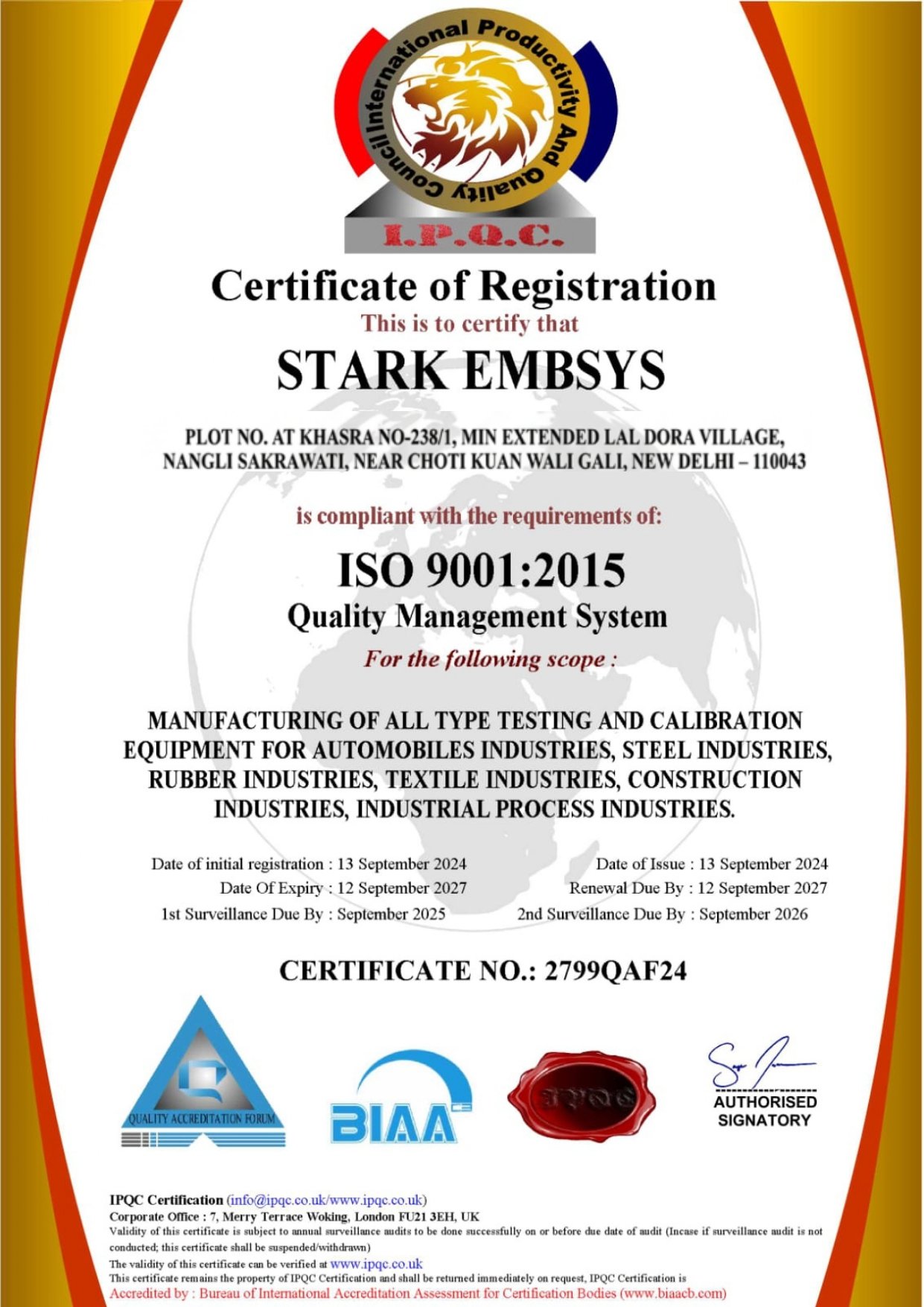 STARK EMBSYS ISO 9001:2015 Quality Certificate